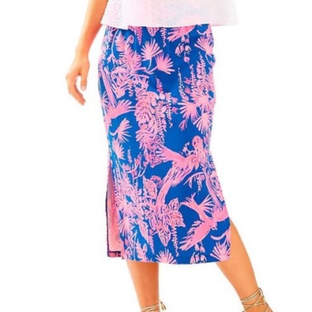 Lilly Pulitzer Kemi Night Caw Indigo & Pink Floral MIDI Skirt Size Small